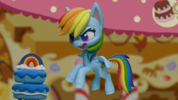Size: 1920x1080 | Tagged: safe, screencap, rainbow dash, pony, cake off, g4.5, my little pony: stop motion short, cake, flying, food, solo, stop motion