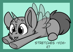 Size: 1058x758 | Tagged: safe, artist:rokosmith26, pony, advertisement, cheek fluff, chibi, commission, horn, lying down, solo, text, tongue out, wings, your character here