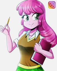 Size: 822x1020 | Tagged: safe, artist:the-butch-x, cheerilee, equestria girls, g4, book, clothes, cute, female, instagram, pencil, smiling, solo