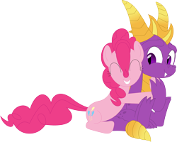 Size: 3550x2845 | Tagged: safe, artist:porygon2z, pinkie pie, dragon, earth pony, pony, g4, crossover, duo, eyes closed, female, high res, hug, male, simple background, sitting, spyro the dragon, spyro the dragon (series), teeth, transparent background, vector