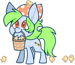 Size: 2004x1749 | Tagged: safe, artist:jetjetj, part of a set, oc, oc only, oc:folky polk, pony, basket, chibi, chick, commission, easter egg, female, mare, mouth hold, simple background, solo, transparent background, ych result
