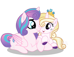 Size: 1112x860 | Tagged: safe, artist:rain-approves, artist:star-gaze-pony, editor:star-gaze-pony, princess flurry heart, oc, oc:golden snowflake, oc:princess golden snowflake, alicorn, pony, g4, alicorn oc, base artist:rain-approves, base used, base:rain-approves, cloven hooves, duo, duo female, female, female oc, filly, filly oc, flurry heart's cutie mark, horn, jewelry, lying down, next generation, offspring, older, parent:princess cadance, parent:shining armor, parents:shiningcadance, prone, siblings, simple background, sisters, tiara, transparent background, wings