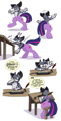 Size: 3500x6909 | Tagged: safe, artist:virmir, twilight sparkle, oc, oc:virmir, alicorn, fox, pony, comic:wake up, character to character, desk, dialogue, drawing tablet, furry, furry oc, furry to pony, male to female, rule 63, stool, tablet pen, transformation, transformation sequence, transgender transformation, twilight sparkle (alicorn)
