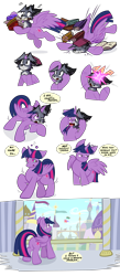 Size: 3500x8000 | Tagged: safe, artist:virmir, twilight sparkle, oc, oc:virmir, alicorn, fox, comic:wake up, bait and switch, book, canterlot, character to character, dialogue, furry, furry oc, furry to pony, male to female, reality shift, rule 63, sweat, sweatdrop, swirly eyes, transformation, transformation sequence, transgender transformation, twilight sparkle (alicorn)