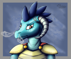 Size: 1570x1314 | Tagged: safe, artist:bomzzzik, princess ember, dragon, anthro, g4, angry, annoyed, armor, bust, cross-popping veins, digital art, dragoness, emotions, female, portrait, smoke, solo