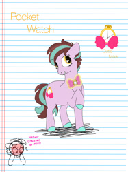 Size: 1280x1707 | Tagged: safe, artist:doodletheexpoodle, oc, oc only, oc:pocket watch, pony, unicorn, bowtie, female, lined paper, mare, offspring, parent:doctor whooves, parent:starlight glimmer, parents:starwhooves, solo