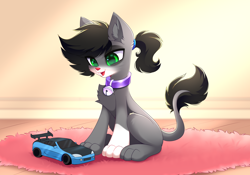 Size: 5000x3500 | Tagged: safe, artist:airiniblock, oc, oc only, oc:inky, cat, cat pony, original species, pony, rcf community, bell, bell collar, car, collar, playing, solo, toy car
