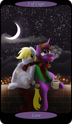Size: 1500x2591 | Tagged: safe, artist:sixes&sevens, derpy hooves, pegasus, pony, unicorn, g4, clothes, doctor who, duo, eighth doctor, female, fourth doctor's scarf, jacket, male, minor arcana, moon, mountain, mountain range, mug, night, paul mcgann, ponified, scarf, shared clothing, shared scarf, shipping, sitting, smiling, stars, straight, striped scarf, tarot card, the doctor, two of cups