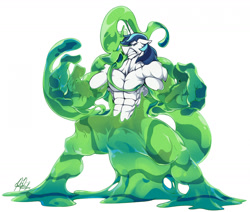 Size: 1280x1085 | Tagged: safe, artist:ponyanony, shining armor, oc, changeling, goo, anthro, g4, abs, absorption, changeling slime, clothes, male, muscles, muscular male, partial nudity, pecs, swelling armor, topless