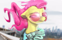 Size: 2800x1800 | Tagged: safe, artist:imadeoos, fluttershy, pegasus, pony, g4, blurry background, bust, city, clothes, cute, daaaaaaaaaaaw, female, floppy ears, glasses, high res, hoodie, jacket, lens flare, lidded eyes, looking away, mare, outdoors, pink glasses, round glasses, shirt, shyabetes, solo, sunglasses, t-shirt, three quarter view, turned head, window, windswept mane