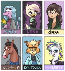 Size: 819x900 | Tagged: safe, artist:pedantia, rarity, bird, cat, duck, horse, human, unicorn, g4, alternate hairstyle, bojack horseman, caitian, daria, daria morgendorffer, dr. t'ana, ducktales, ducktales 2017, fraggle rock, lena sabrewing, mokey, punk, raripunk, six fanarts, star trek: lower decks