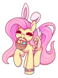 Size: 896x1199 | Tagged: safe, artist:wavecipher, fluttershy, pegasus, pony, g4, basket, blushing, bracelet, bunny ears, c:, cute, easter, easter basket, easter egg hunt, eyes closed, holiday, jewelry, mouth hold, raised hoof, shyabetes, smiling, solo, spring