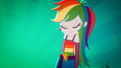 Size: 3410x1920 | Tagged: safe, screencap, rainbow dash, eqg summertime shorts, equestria girls, g4, raise this roof, angry, animation error, belt, clothes, cutie mark, cutie mark on clothes, eyes closed, fall formal outfits, female, fingerless gloves, gloves, sleeveless, solo