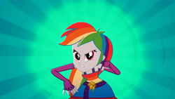 Size: 3410x1920 | Tagged: safe, screencap, rainbow dash, eqg summertime shorts, equestria girls, g4, raise this roof, angry, belt, breakdancing, clothes, cutie mark, cutie mark on clothes, dancing, fall formal outfits, female, fingerless gloves, gloves, intense, looking at you, sleeveless, solo