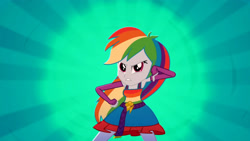 Size: 3410x1920 | Tagged: safe, screencap, rainbow dash, eqg summertime shorts, equestria girls, g4, raise this roof, angry, belt, breakdancing, clothes, cutie mark, cutie mark on clothes, dancing, fall formal outfits, female, fingerless gloves, gloves, looking at you, sleeveless, solo