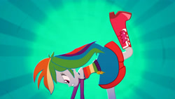 Size: 3410x1920 | Tagged: safe, screencap, rainbow dash, equestria girls, g4, my little pony equestria girls: summertime shorts, raise this roof, angry, belt, boots, clothes, cutie mark, cutie mark on clothes, dancing, fall formal outfits, female, fingerless gloves, gloves, shoes, sleeveless, solo