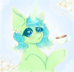 Size: 1100x1080 | Tagged: safe, artist:saltyvity, oc, oc only, pony, unicorn, cup, flower, flower in hair, food, lemon, magic, tea