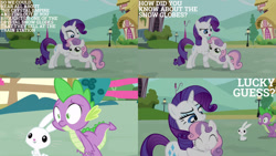 Size: 1280x720 | Tagged: safe, edit, edited screencap, editor:quoterific, screencap, angel bunny, rarity, spike, sweetie belle, dragon, pony, rabbit, unicorn, g4, just for sidekicks, season 3, animal, female, filly, male, mare