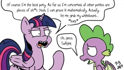 Size: 1200x675 | Tagged: safe, artist:pony-berserker, spike, twilight sparkle, alicorn, dragon, pony, pony-berserker's twitter sketches, g4, duo, female, male, mare, reference, rick and morty, speech bubble, twilight sparkle (alicorn), twirick, winged spike, wings