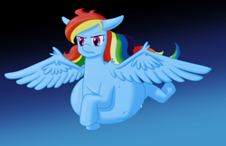 Size: 2550x1656 | Tagged: safe, artist:parturient, rainbow dash, pegasus, pony, g4, belly, big belly, determined, determined look, female, flying, huge belly, kicking, mare, pregnant, spread wings, sweat, sweatdrop, wings
