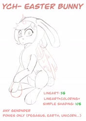 Size: 2480x3508 | Tagged: safe, artist:ardilya, alicorn, earth pony, pegasus, pony, unicorn, animal costume, bunny costume, clothes, commission, costume, digital art, high res, overalls, sketch, solo, ych sketch, your character here