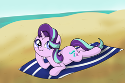 Size: 7381x4921 | Tagged: safe, artist:background basset, starlight glimmer, pony, unicorn, g4, beach, female, lying down, request, requested art, sand, solo, towel