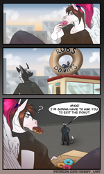 Size: 720x1200 | Tagged: safe, artist:sunny way, oc, oc only, oc:lin'el feltesis, oc:sunny way, horse, ki'rinaes, original species, pegasus, anthro, comic, comic page, donut, duo, eating, female, food, furry, herbivore, iron man 2, lol, mare, parody, relaxing, sunrise, tired as fuck, town, wings