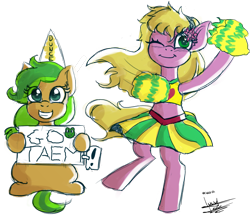 Size: 5253x4537 | Tagged: safe, artist:scarlett-letter, oc, oc only, oc:muddy, oc:twisted ankle, earth pony, pony, cheerleader, cheerleader outfit, clothes, cute, dunce hat, hat, pom pom, sign, simple background, sketch, sports bra, transparent background