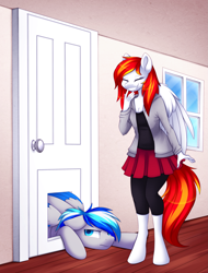 Size: 2241x2942 | Tagged: safe, artist:scarlet-spectrum, oc, oc only, oc:diamond sun, oc:hawker hurricane, pegasus, pony, anthro, unguligrade anthro, series:pet hawk, annoyed, anthro with ponies, clothes, commission, door, female, hawkmond, high res, laughing, male, mare, skirt, stallion, story included, stuck, wings