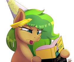 Size: 3447x2894 | Tagged: safe, artist:scarlett-letter, oc, oc only, oc:muddy, earth pony, pony, book, commission, confused, dunce hat, for dummies, hat, high res, highlighter, solo