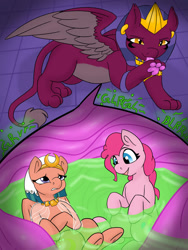 Size: 900x1200 | Tagged: safe, artist:noblebrony317, artist:smallhorses, pinkie pie, somnambula, the sphinx, earth pony, pegasus, pony, sphinx, g4, collaboration, coward, eaten alive, female, happy, internal, mare, pinkie prey, soft vore, sphinx pred, stomach acid, vore, wings