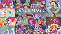 Size: 1280x720 | Tagged: safe, edit, edited screencap, editor:quoterific, screencap, applejack, fluttershy, indigo zap, lemon zest, pinkie pie, rainbow dash, rarity, sci-twi, sour sweet, sugarcoat, sunny flare, sunset shimmer, twilight sparkle, equestria girls, equestria girls specials, g4, my little pony equestria girls: dance magic, back to back, clothes, cowboy hat, crossed arms, cutie mark, cutie mark on clothes, dance floor, dance magic (song), dancing, eyes closed, female, glasses, hat, holding, holding hands, humane five, humane seven, humane six, open mouth, ponied up, ponytail, rapper dash, rapper pie, raribetes, shimmerbetes, shoes, singing, smiling
