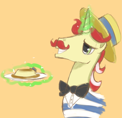 Size: 1375x1326 | Tagged: safe, flam, earth pony, pony, g4, bowtie, colored, digital art, flan, food, hat, pudding