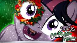 Size: 1280x720 | Tagged: safe, artist:general mumble, twilight sparkle, pony, unicorn, g4, lesson zero, a clockwork orange, christmas, christmas wreath, clock, cover art, holiday, inverted mouth, smiling, snow, snowflake, twilight snapple, unicorn twilight, wreath