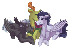 Size: 3200x2200 | Tagged: safe, artist:monnarcha, soarin', thorax, thunderlane, changedling, changeling, pegasus, pony, g4, backwards cutie mark, blushing, commission, crack shipping, cute, eyes closed, gay, grin, high res, king thorax, kissing, lying down, male, polyamory, prone, shipping, simple background, smiling, soarilane, soarinbetes, stallion, thunderbetes, transparent background