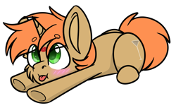 Size: 1099x673 | Tagged: safe, artist:rokosmith26, oc, oc only, pony, unicorn, blushing, cheek fluff, chibi, commission, cute, green eyes, horn, kiss mark, lipstick, looking at something, looking up, lying down, male, short mane, simple background, solo, stallion, tongue out, transparent background, ych result