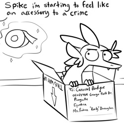 Size: 3000x3000 | Tagged: safe, artist:tjpones, spike, dragon, g4, black and white, cardboard box, grayscale, high res, implied rarity, implied twilight sparkle, levitation, magic, male, monochrome, offscreen character, older, older spike, simple background, solo, tape, teenage spike, teenaged dragon, teenager, telekinesis, white background