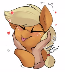 Size: 1855x2048 | Tagged: safe, alternate character, alternate version, artist:beardie, applejack, earth pony, pony, g4, :p, beardies scritching ponies, blushing, commission, commissioner:raritybro, cute, disembodied hand, eyes closed, hand, heart, human on pony petting, jackabetes, petting, smiling, solo, tongue out, ych result