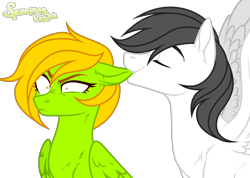 Size: 3196x2278 | Tagged: safe, artist:sparkling_light, oc, oc only, oc:azzunek, oc:lemon green, pegasus, pony, biting, commission, ear bite, female, folded wings, gray mane, green coat, high res, male, mare, simple background, spread wings, stallion, this will end in pain, transparent background, white coat, wings, yellow mane