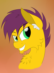 Size: 2575x3495 | Tagged: safe, artist:justapone, oc, oc only, oc:yellow jack, pegasus, pony, bust, chest fluff, colored, colored background, ear fluff, green eyes, high res, male, pegasus oc, raffle prize, raised eyebrow, simple background, smiling, smirk, solo, stallion, teeth, yellow fur