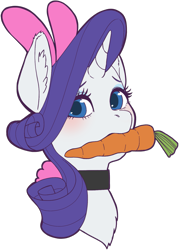 Size: 1313x1837 | Tagged: safe, artist:taytinabelle, part of a set, rarity, pony, unicorn, animal costume, bunny costume, bunny ears, bust, carrot, choker, clothes, collar, costume, cute, ear fluff, female, food, herbivore, horses doing horse things, looking at you, mare, mouth hold, raribetes, simple background, solo, transparent background