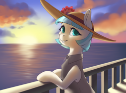 Size: 2556x1878 | Tagged: safe, artist:taytinabelle, coco pommel, earth pony, pony, g4, beautiful, clothes, cloud, detailed background, ear fluff, female, hat, looking at you, looking back, looking back at you, mare, railing, scenery, smiling, solo, sunset, vest, water