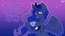 Size: 1920x1080 | Tagged: safe, artist:koapony, princess luna, alicorn, pony, friendship is witchcraft, blushing, cute, female, mare, quote