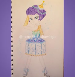 Size: 1080x1099 | Tagged: safe, artist:mmy_little_drawings, rarity, equestria girls, g4, my little pony equestria girls: better together, the other side, arm behind head, bedroom eyes, carousel dress, clothes, dress, eyelashes, female, grin, high heels, shoes, skirt, smiling, solo, traditional art, watermark