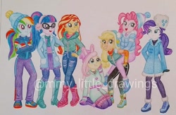 Size: 1080x703 | Tagged: safe, artist:mmy_little_drawings, applejack, fluttershy, pinkie pie, rainbow dash, rarity, sci-twi, sunset shimmer, twilight sparkle, equestria girls, equestria girls series, g4, holidays unwrapped, spoiler:eqg series (season 2), beanie, boots, clothes, crossed arms, earmuffs, female, glasses, hat, humane five, humane seven, humane six, kneeling, obtrusive watermark, open mouth, piggyback ride, ponytail, shoes, smiling, traditional art, watermark, winter outfit