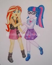 Size: 996x1245 | Tagged: safe, artist:mmy_little_drawings, sci-twi, twilight sparkle, equestria girls, g4, :d, clothes, cutie mark, cutie mark on clothes, female, glasses, grin, heart hands, open mouth, shoes, skirt, smiling, traditional art, watermark