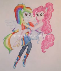 Size: 1079x1251 | Tagged: safe, artist:mmy_little_drawings, pinkie pie, rainbow dash, equestria girls, g4, boots, bridal carry, carrying, clothes, eyelashes, female, high heels, lesbian, ponied up, ship:pinkiedash, shipping, shoes, skirt, smiling, traditional art, watermark