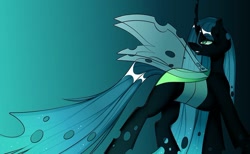 Size: 1080x667 | Tagged: safe, alternate version, artist:tessa_key_, queen chrysalis, changeling, changeling queen, g4, colored, female, gradient background, horn, looking back, smiling, solo, transparent wings, wings
