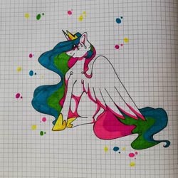 Size: 1080x1080 | Tagged: safe, artist:tessa_key_, princess celestia, alicorn, pony, g4, ear fluff, eyelashes, female, graph paper, hoof shoes, horn, jewelry, mare, missing accessory, solo, tiara, traditional art, wings