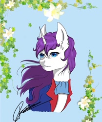 Size: 1080x1291 | Tagged: safe, artist:radiogaga.art, knight shade, pony, unicorn, g1, bust, clothes, ear fluff, flower, male, signature, stallion